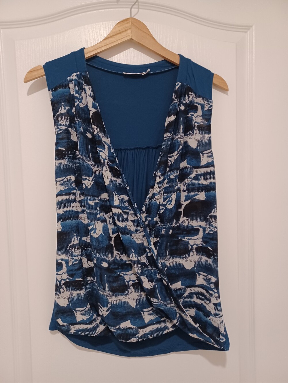 Sleeveless Blue Abstract Wrap-Front Women's Top